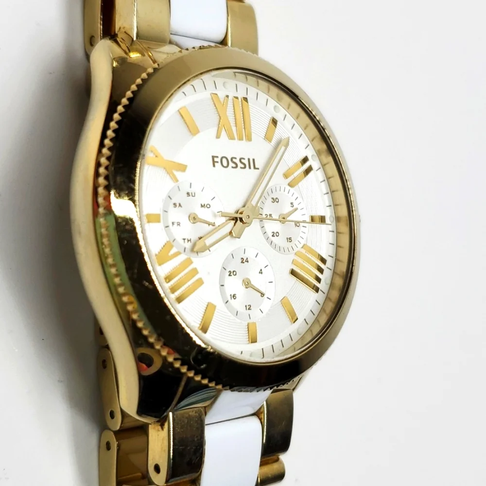 Fossil Watch AM4645 Gold White Two Tone Wristband White Face Chronograph